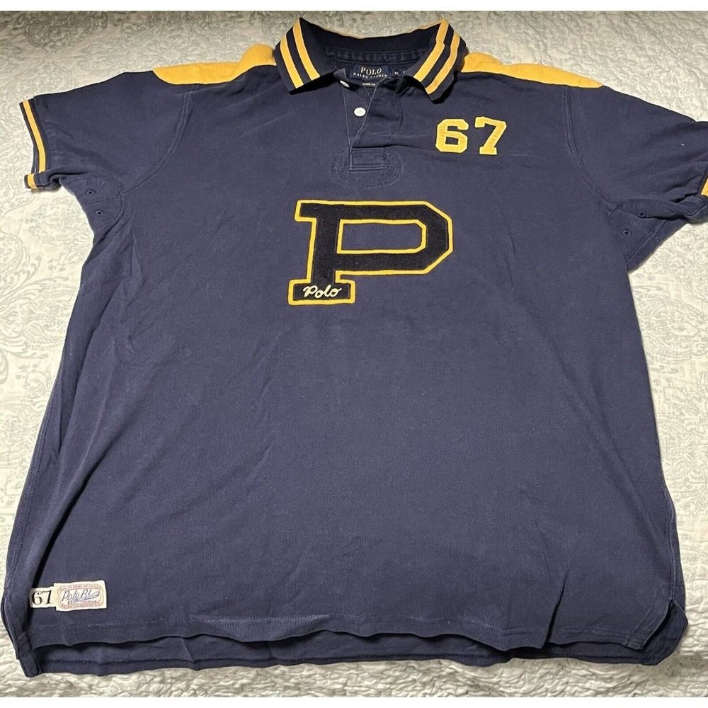 Polo Ralph Lauren Mens Navy Blue Yellow P Embroidered Custom Polo RL 67 Shirt XL